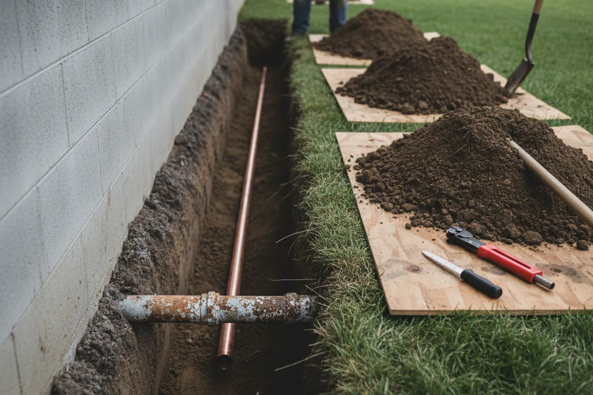 Excavated water line trench during Water Heater Repair in Carlisle